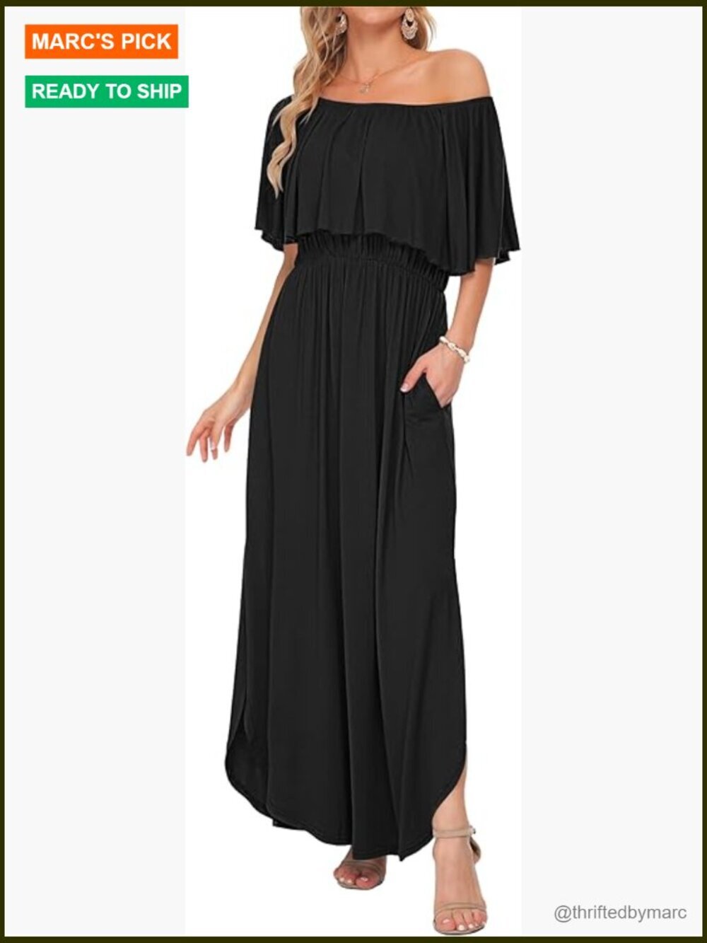 Off Shoulder Maxi Dress with Pockets - Ruffle Sleeve Side Split